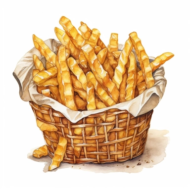 A captivating watercolor, hyper - realistic clipart image with a white background and white margins, portraying a basket of crinkle - cut fries. The ultra - detailed, hand - drawn elements capture the distinct crinkle shape and texture of the fries. Use bold shades of yellow and brown to create a visually enticing image that showcases the nostalgic appeal of this childhood favorite