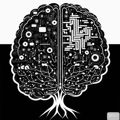 clipart of a brain which is also a computer monitor full of lines of code. Beautiful, flat, cute manga style, black and white, round image borders