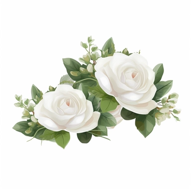 2 White Roses Flower Crown, Clipart, White background, in Flat Design