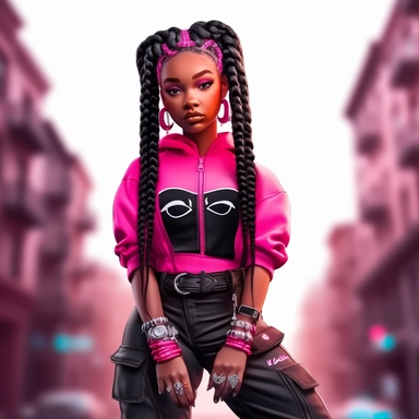 black chibi women incarnate in a 3d pink clothes, Mesmerizing gaze, pink girl dreadlock, american college fashion pink clipart, black magic girl
