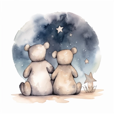 hand drawn pair of teddy bears back facing sitting together looking up at the night sky and the moon and stars, for a nursery, celestial accents, pastel shades, glamorous, watercolor, white background with margins, clipart style