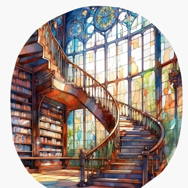 watercolor clipart, library, bookshelves, stained glass windows, spiral staircase, chairs, light aesthetic, detailed, UHD, 8K, 3D, solid white background