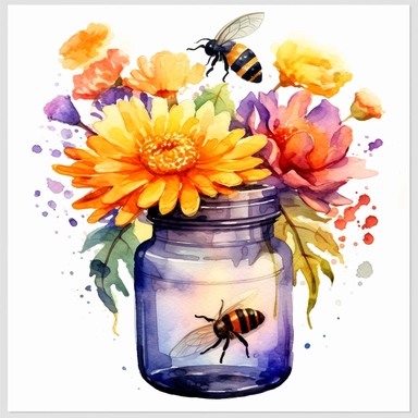 CLIPART OF AN AQUAREL PAINTING of a honey jar and bees surrounded by colored flowers, white background, hyperrealistic, studio light, 8K highly detailed, neon pastel color palette, retrofuturpunk, scattering, black and white balance, editorial photography