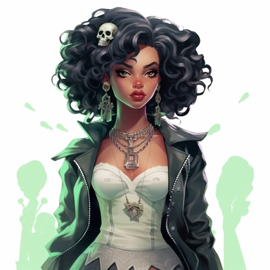 Disney princess Tiana, curly black rocker hairstyle, mint green leather jacket over a ripped green dress, frog necklace, skulls, gothic style, rock style, clipart, white background, by Kawacy