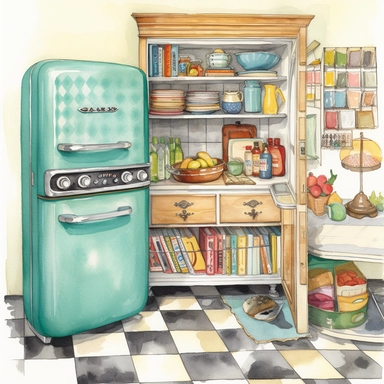 watercolor, hyper realistic, white background, white margins, 16k, ultra detailed clipart, cut out image, hand-drawn a vintage kitchen with a colorful vintage fridge, a checkerboard floor, and a collection of vintage cookbooks. The color theme could be bright and bold colors like turquoise, red, and yellow.