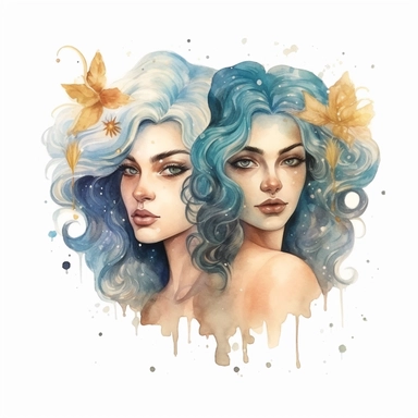 gemini zodiac sign, goddess women, realistic watercolor style art, clipart, zodiac sign, epic, mystic, white background, detailed, 8k