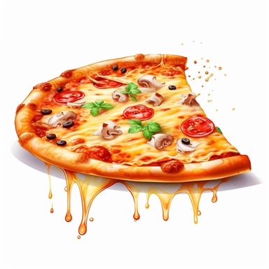 cheesy pizza, pizza with a lot of cheese and drink, clipart, isolated image