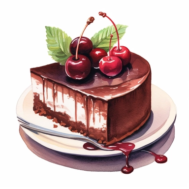 This highly detailed watercolor clipart features a decadent, full chocolate cheesecake adorned with succulent cherries, set against a pristine white background. The artwork showcases the intricacy of the dessert, capturing the richness of the chocolate and the velvety texture of the cheesecake. The graham cracker crust is meticulously painted, providing a sturdy and delicious base. Plump cherries are artfully arranged on top, their deep red color and glossy sheen adding a pop of vibrancy. Agains