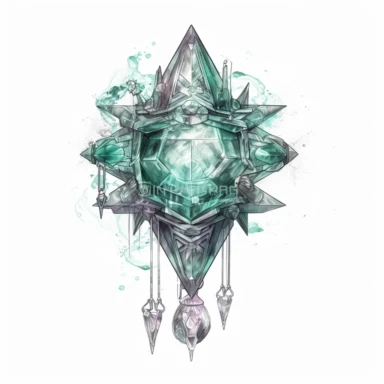 A crystal as protection talisman , in the style of mystic mechanisms ,pencil art illustrations, Isolated white background, reimagined by industrial light and magic, lith printing, illusory images, watercolor clipart, very subtle emerald tones, , ,