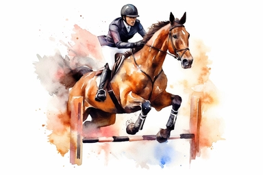 Watercolor, Craft a picture of a horse and rider clearing a tall jump in an equestrian event clipart, hd, on a white background, spaced out