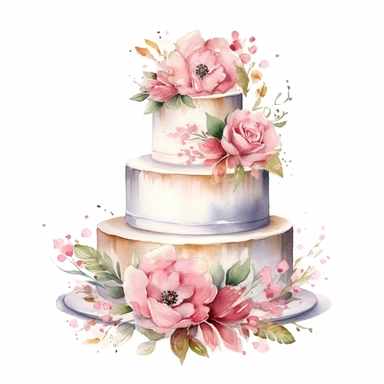 Create a stunning watercolor clipart featuring an exquisite and intricately designed wedding cake. Use a vibrant color palette to bring out the beauty and elegance of the cake. Incorporate delicate details, such as intricate lace patterns, cascading flowers, and ornate tiers. Apply gentle brushstrokes and blending techniques to achieve a soft and dreamy watercolor effect.