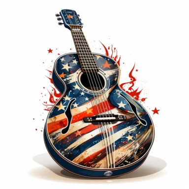 An acoustic guitar painted in stars and stripes, representing music and festivities, isolated on a white background, abstract expressionist style, clipart,