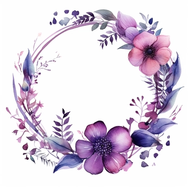 beautiful watercolor floral wreath with decorative elements, purple, flowers, leaves, clipart, isolated on white background, bojo, vintage, lithograph, 32k uhd, texture