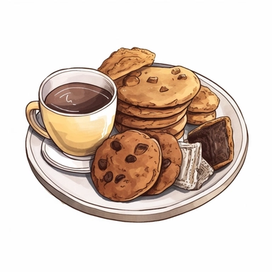 full isolated coffee cookies on a plate on a white background, bolded outline clipart sticker watercolour style, bolded outline sticker, front view, isolated on a white background