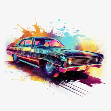 cars, surreal and dreamy art style, old retro car takes center stage in a Tron-inspired landscape, on a white background, limousine retro car, clipart, watercolor splash, The classic car boasts futuristic modifications, including neon accents and sleek digital paneling, merging the elegant lines of the vintage vehicle with the high-tech aesthetics of the Tron universe, clipart, white background, splash