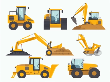 flat construction clip art for kids , escavator, backhoe digger, bulldozer, caterpillar, white background,
