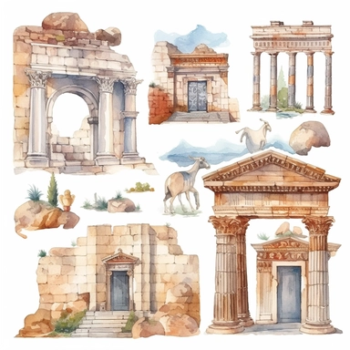 watercolor turkey ephesus ruins, illustrations clipart set, simple, , cartoon elements ,different variants ,marble elements, separate elements with a margin