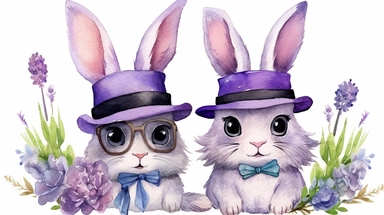 cute lavender bunnies with hat, googles water color dark clipart, white backgroud
