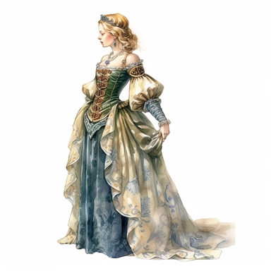 Imagine a watercolor clipart that depicts a young lady of high nobility from the medieval era. She stands in a somewhat side view, capturing her elegance and grace. Her attire is befitting her status, featuring a beautifully crafted gown with intricate details and luxurious fabrics. The watercolor technique brings a touch of whimsy and softness to the artwork. The brushstrokes dance across the paper, infusing the image with vibrant colors and delicate textures. Shades of blues, purples, and gold