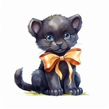 Cute cartoon black panther with bow clipart for childish cards and books, illustration style, on white background, 4k, detailed, hd, watercolor
