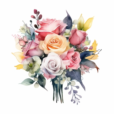 watercolor painted bouquet of mixed colored roses clipart, Flower Border clipart, Minimalist Flower Bouquet clipart, mixed colored roses Clipart roses painting formal glamour elegant style wedding floral bouquet, wedding clipart include babys breath flowers in the bouquet 4