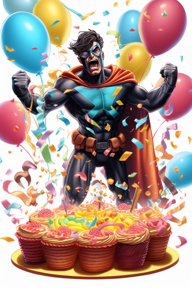 Generate a realistic clipart image of a superhero character's birthday celebration. Show the superhero character blowing out candles on a birthday cake while surrounded by balloons and streamers. Include a festive party atmosphere with a white background.