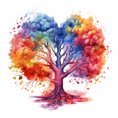 the watercolor painting of the heart of love, in the style of fluid color combinations, hyper-detailed illustrations, colorful woodcarvings, realism with fantasy elements, magewave, vibrant color palette, perfect heart shape, tree, pretty, white background, clipart