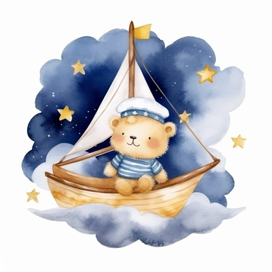night sky clouds and a swarm of golden stars. a cute happy chibi plushie sailor bear in a striped blue and white shirt and a sailor hat, in a wooden sailboat with a white sail, sailing on fluffy clouds not sea. dreamy. prominent visible brush strokes, watercolour texture, watercolor clipart png on white background