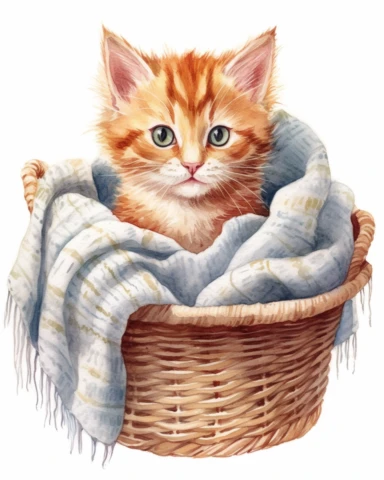 detailed watercolor Kitten in basket with sweater , realistic, isolated on a white background, clipart