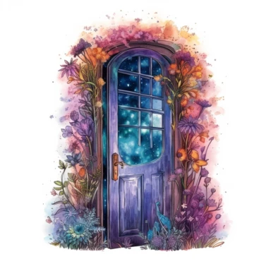 Adorable magical old open door with wildflower, nebular mix background, clipart, photorealistic illustration, watercolor, high detail, 8k polished, 8k, vibrant colors, sticker, majestic, die cut, white background