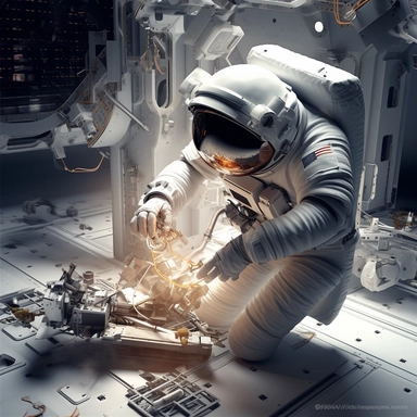 Clipart, An astronaut repairing a broken part of a space station, hyperrealistic, hyper high definition