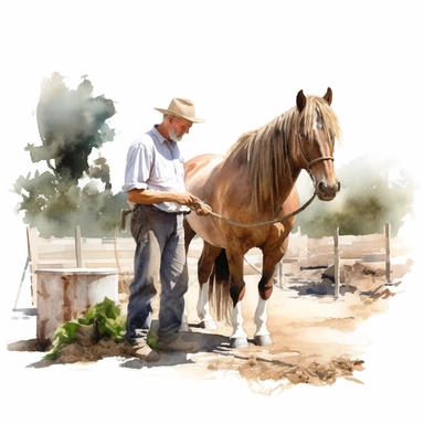 realistic watercolor drawing of a farmer brushing a horse on a charming California farm, on a white background where the background will be removed to repurpose as a clipart.
