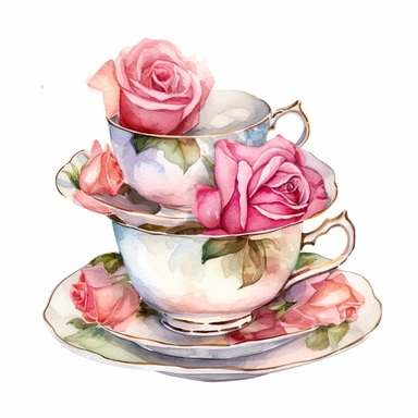 Victorian watercolor, teacups and saucers and roses on white background, hd, clipart, ar 3:2