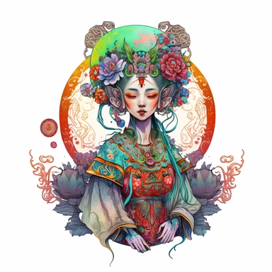 Boho style illustration, clipart, sublimation drawing Alien similar to the goddess Tu Er Shen, Chinese mythology . Bright colorful colors on a white background, high quality 8k, quality detail