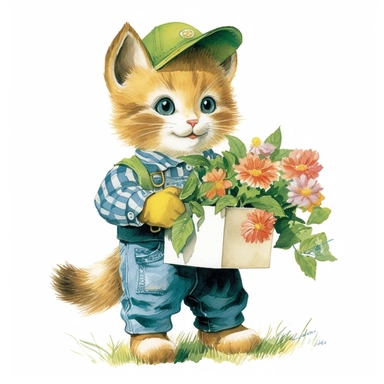 baby cat wearing garden gloves, holding a box of plants in the garden, white background, clipart by Richard Scarry