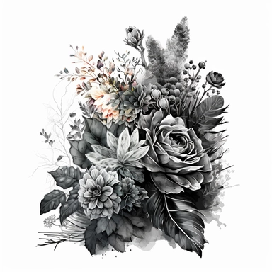 clipart watercolor detailed and realistic. on white background. beautiful flower tribute, Bouquet. dark theme, greyscale - loss funeral Themed tribute bouquet
