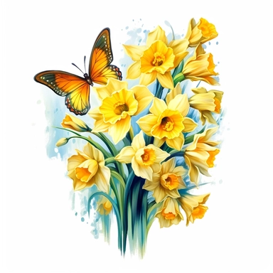 bouquet of yellow daffodil flowers with a butterfly, in the style of photo realistic and hyper-detailed watercolor painting, sketchfab, ahmed morsi, realistic watercolor paintings, use of common materials, handcrafted designs, clipart, yellow green with white background clipart