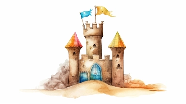 watercolor of a cute clipart sand castle, full body, white clear background, zoom in, HD