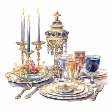 A royal banquet setup with fine china, silverware, crystal glassware, and regal centerpieces, Clipart, watercolor, white background, intricate detail