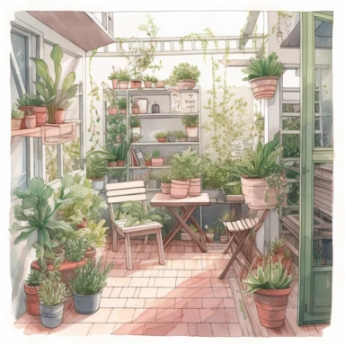 watercolor, hyper realistic, white background, white margins, 16k, ultra detailed clipart, cut out image, hand-drawn, whimsical manhwa style ultra HD A cozy terrace with a mix of small and large potted plants in shades of green, pink and white. A soft light shines on the area, creating a warm and inviting atmosphere