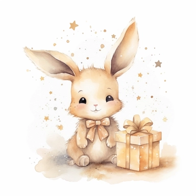 cute watercolor newborn soft beige baby rabbit toy smiling with stars and birthday cake, watercolor effect, isolated white background, babyshower clipart, soft beige tones