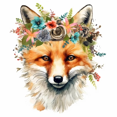 one foxe with floral crown clip art trên nền trắng, in the style of fujifilm gw690iii, appropriated images, detailed nature depictions, no watermark, text, 300 DPI , typography, shapes do not stick together, no text in the picture, on a white background