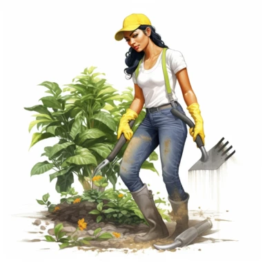 illustration clipart of Urban Asian Indian woman gardening, hyperrealistic, white background