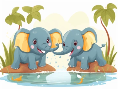 Two baby elephants splashing in a jungle river clipart-style image, isolated on white background