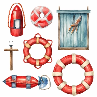 Watercolor beach lifesaver and lifeguard, illustrations clipart set, simple, , cartoon elements ,different variants , separate elements with a margin, wooden and plastic elements elemets, 4k, high resolution