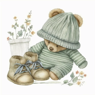 an ultra Cute little newborn baby teddy bear wearing pyjamas, dusky sage green shabby chic traditional classic striped pyjamas a bedtime hat and slipper shoes, watercolour, cute,, bedtime, sleepy, dreamy, isolated on white background, Clipart
