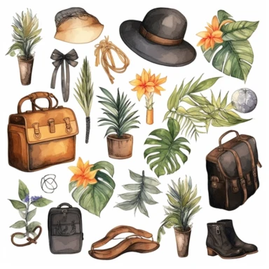watercolor, Set of travel. Collection of items for vacation or journey decorated by tropical leaves, shells and flowers isolated. Clothes, accessories, shoes and suitcase for tourism png Full body realistic cartoon in 32K UHD cute. 15 cm thick outline. Black color. There was no shadow on the ground. 8k with realistic watercolors and detailed illustrations. PNG clipart, transparent white background