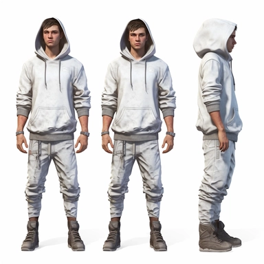 A young male, full body shoot, urban wear 1000years into the future post ecological evolution. unreal game engine style, different poses, detail, clipart, white background, one of a kind--ar 16:9