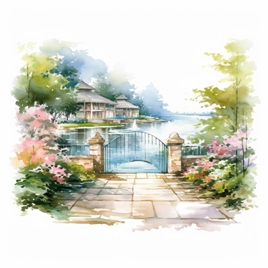 Watercolor, a lakeside courtyard in bloom, clipart on white background.