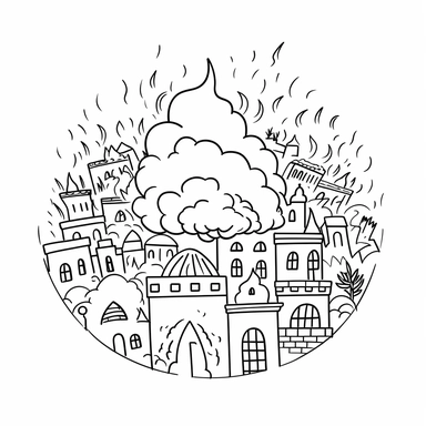 cute black and white clipart of jerusalem burning from the bible, suitable for a childrens book, outline only